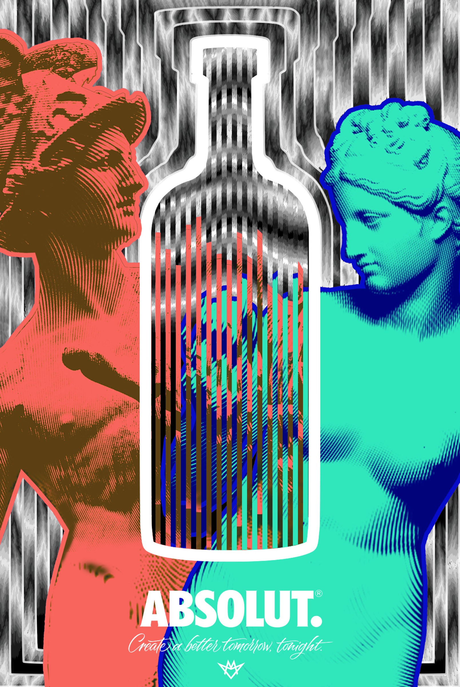 Techno-Antiquity for Absolut: digital sketch, a bottle between two classical statues